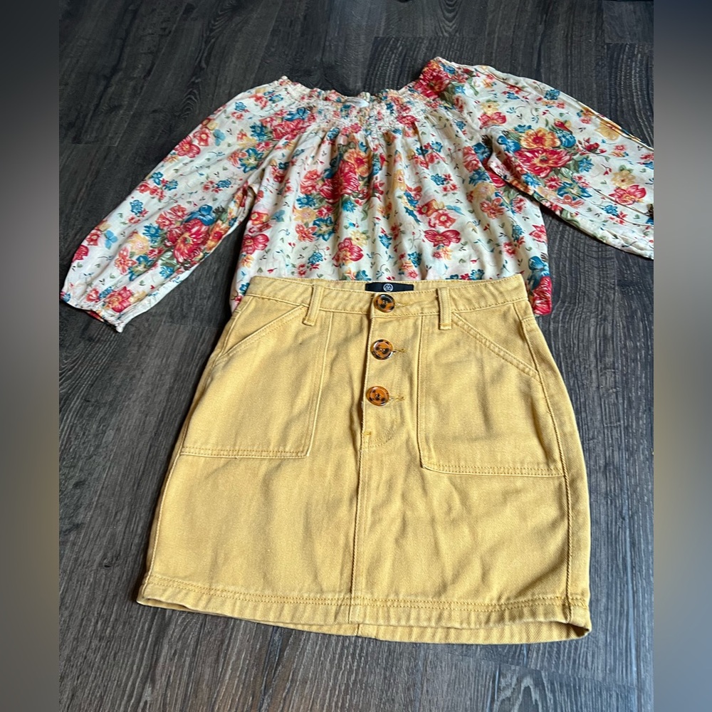 Floral Off-Shoulder Top and Mustard Skirt Set